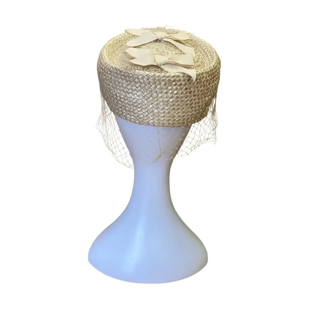 1950s Cream Straw Pillbox Hat | Vintage Veiled Wedding Church Cocktail Hat